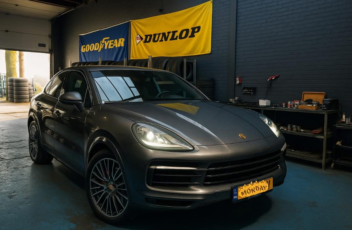 Een auto op de werkvloer van Banden City Weert, klaar om onder handen genomen te worden